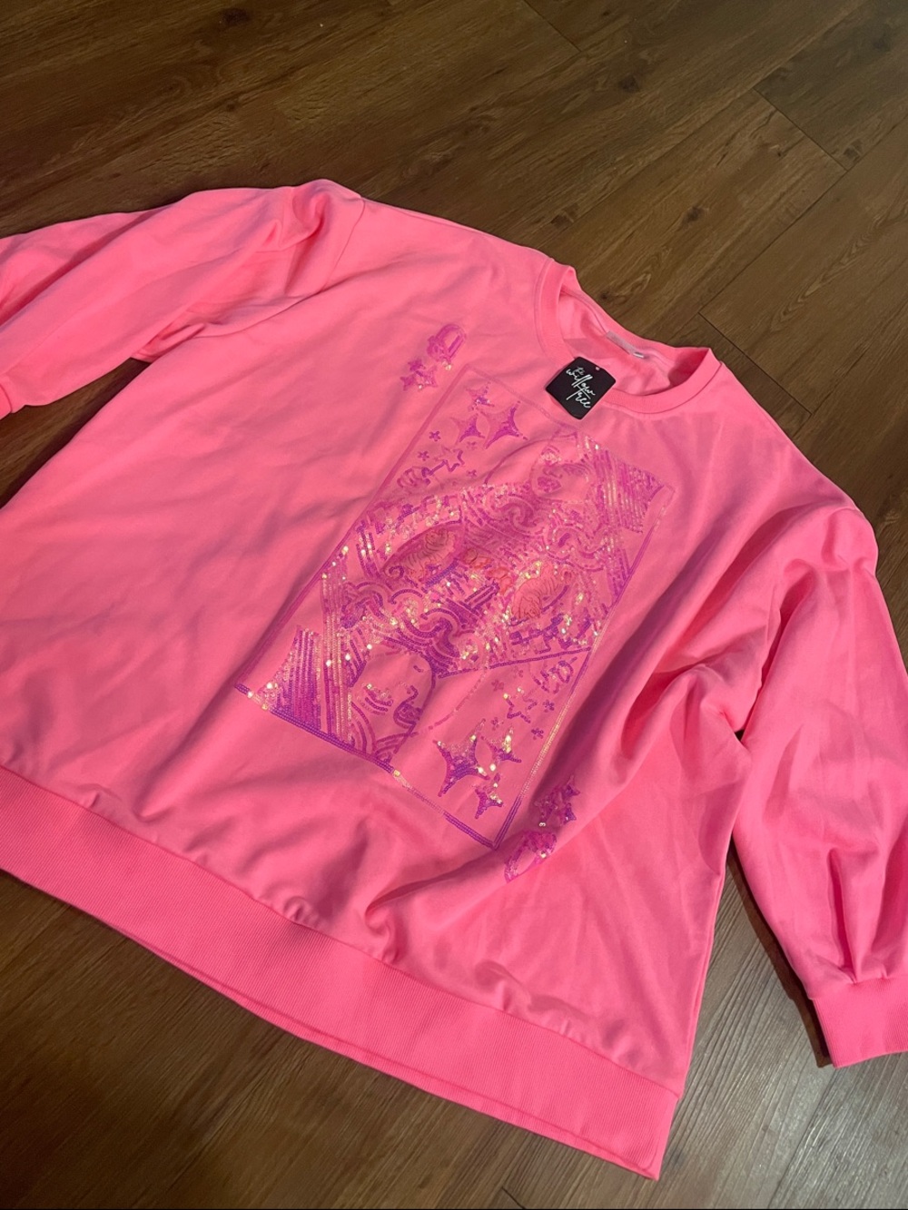 QUEEN OF SPARKLES Neon Pink Crewneck with Holographic Graphic